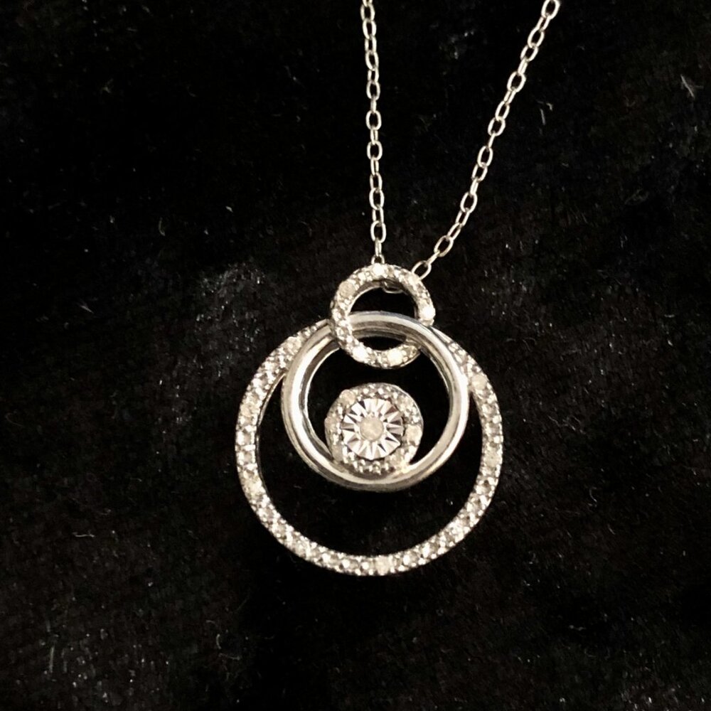 Solid Sterling Silver Genuine Diamond Triple Circle 18" Pendant Necklace